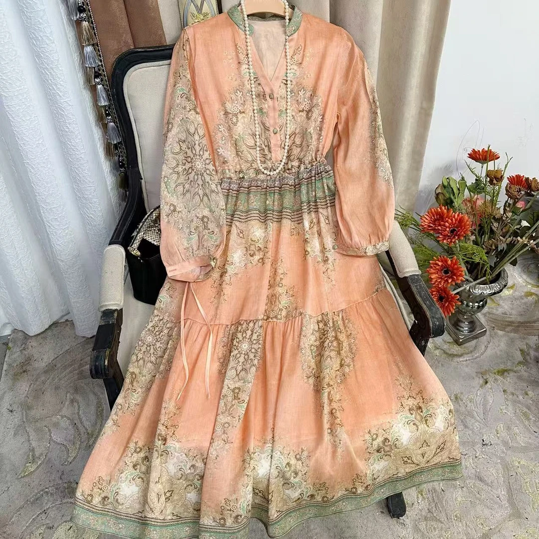 【多米拉】24422早秋款抽绳定位V领气质时尚桑蚕丝丝麻连衣裙高端