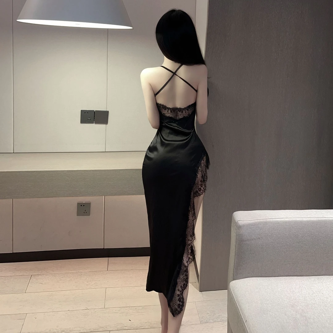 修身包臀开叉睡裙新款显瘦气质成人御姐睡衣性感时尚黑色镂空长款