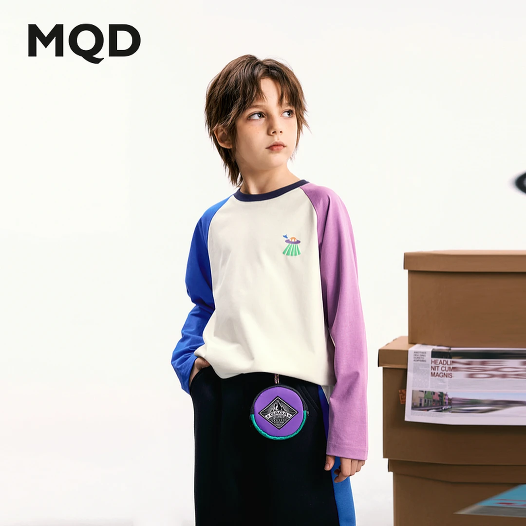 MQD童装儿童24秋季新品学院风插肩袖撞色长袖T恤9643W0306