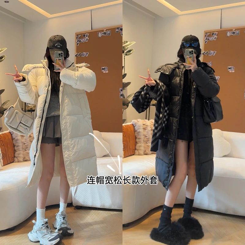 新款女中长款韩版宽松棉服连帽长款过膝棉衣外套