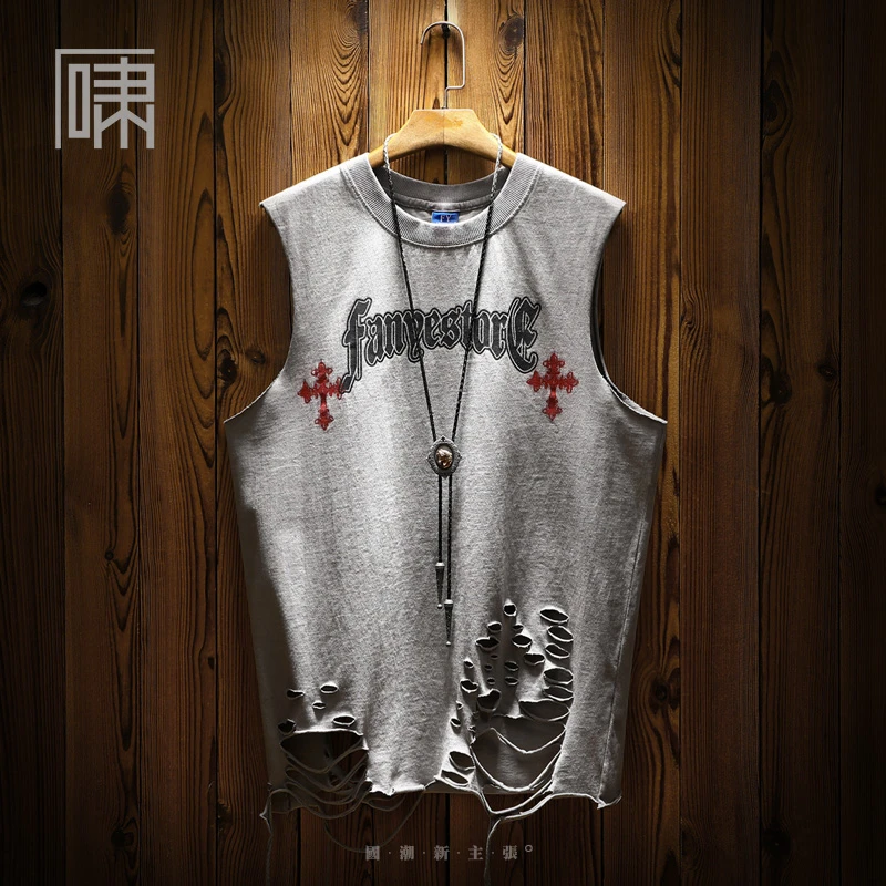 夏潮牌暗黑风十字架印花无袖背心 男复古水洗个性破洞坎肩打底衫