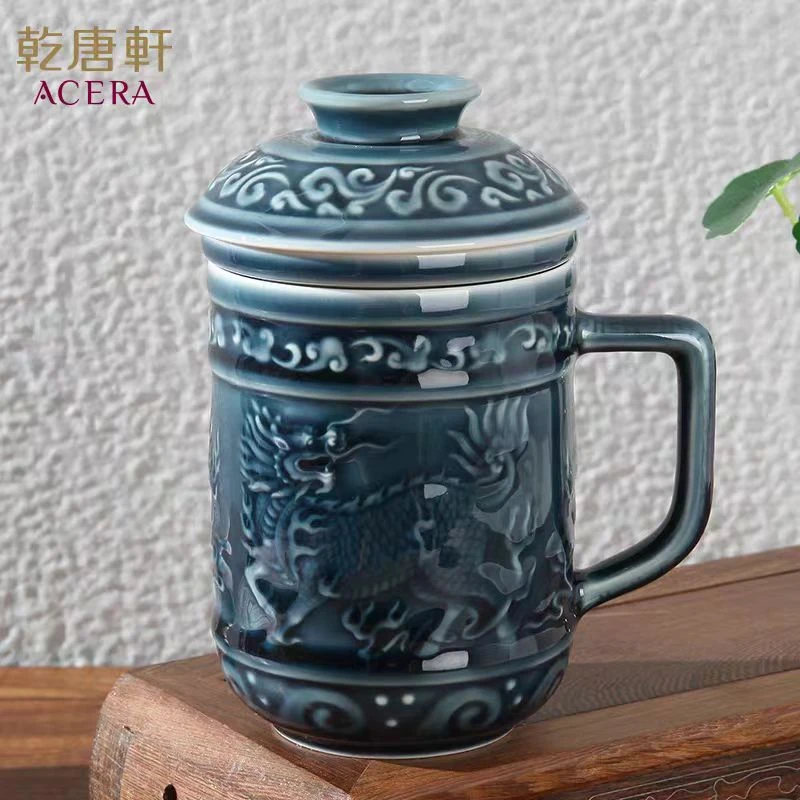 麒麟献瑞三件套 附茶漏带盖水杯 陶瓷高杯 办公杯