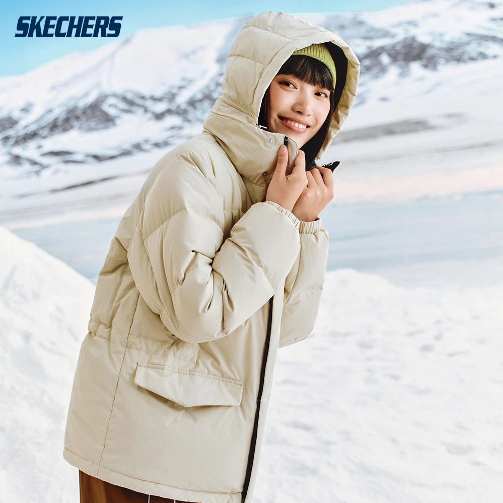 斯凯奇官方女防泼水防污渍中款宽松保暖连帽羽绒外套运动中长款