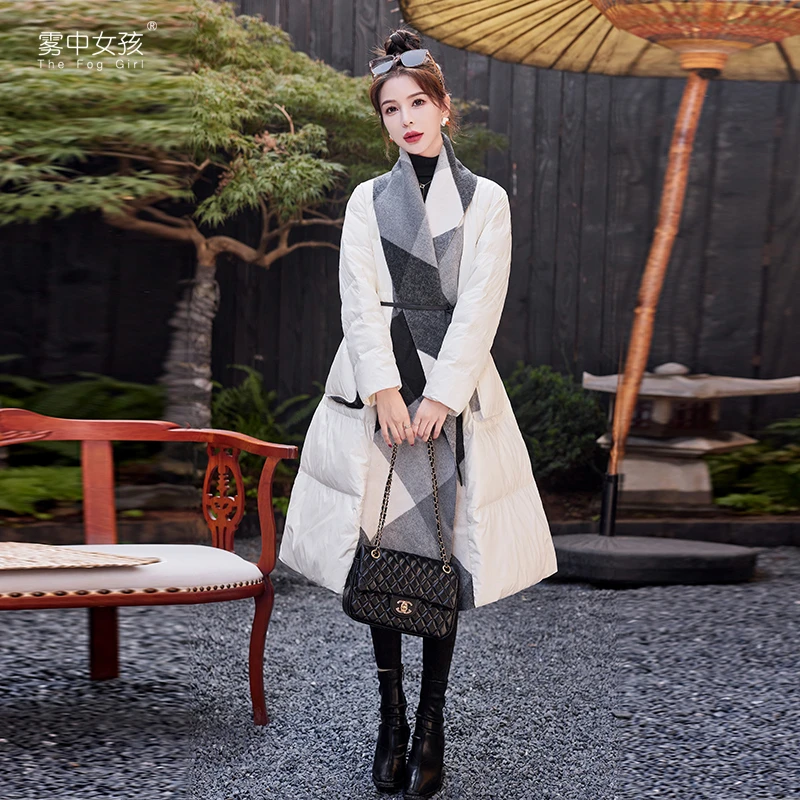 毛呢拼接白鸭绒羽绒服女2023冬上新气质时尚系带显瘦洋气减龄潮搭