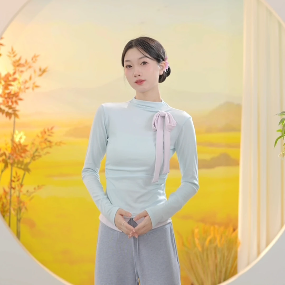 3449 D现代舞蹈服成人女蝴蝶结假两件上衣专业形体服教师专用显瘦