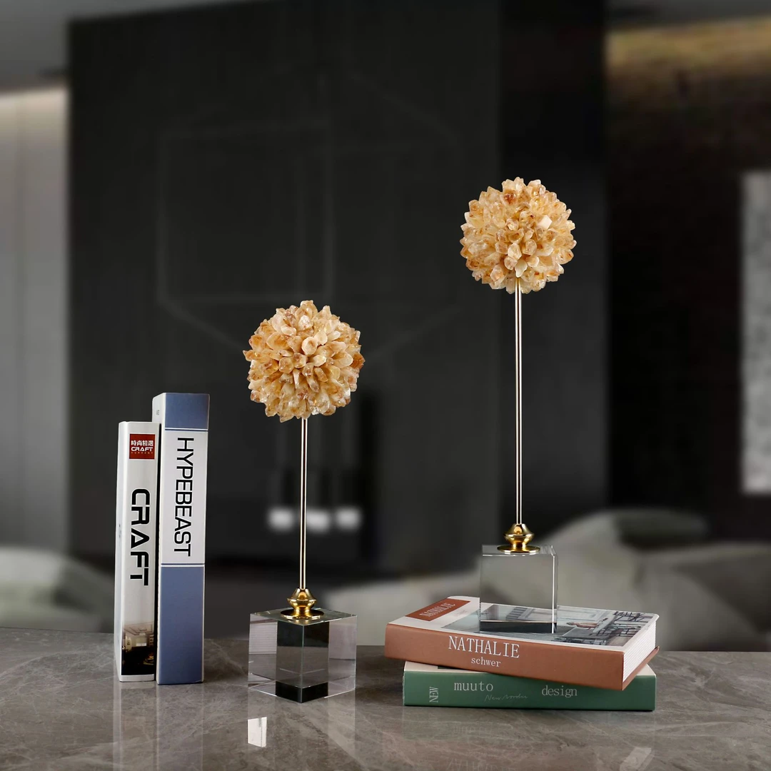 轻奢现代天然黄水晶石花球招财摆件进门玄关装饰品高级感摆件