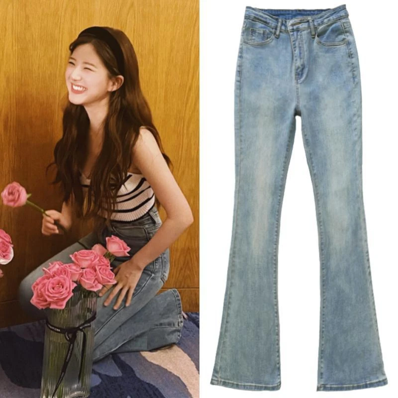 偷偷藏不住赵露思同款牛仔裤女高腰修身显瘦显腿长弹力复古喇叭裤