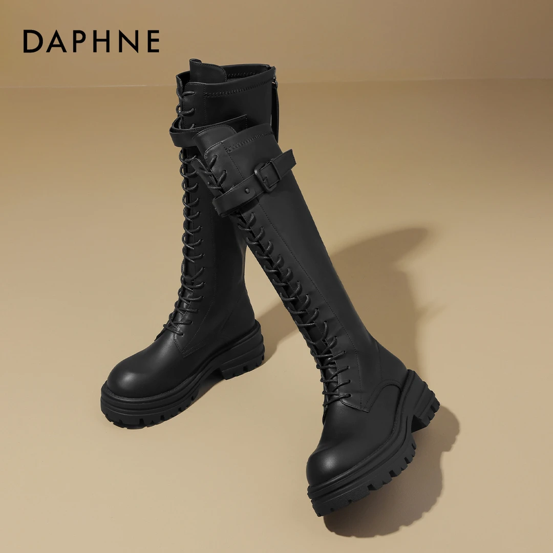 达芙妮高筒骑士靴女靴子2024新款爆款厚底小个子黑色马丁靴长筒靴
