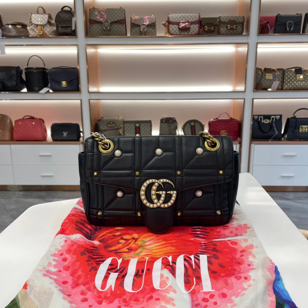 95新 包不多先生 gucci marmont 26珍珠黑色 gges042