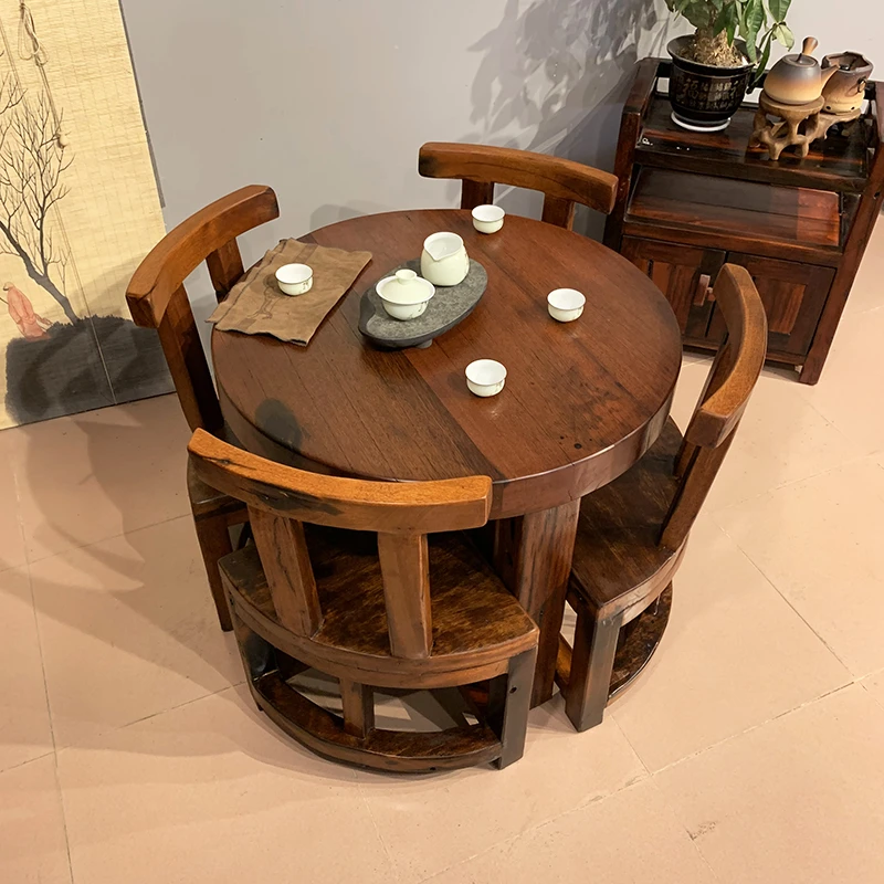 老船木新中式禅意圆形餐桌阳台泡茶桌实木茶台户外休闲桌椅小户型