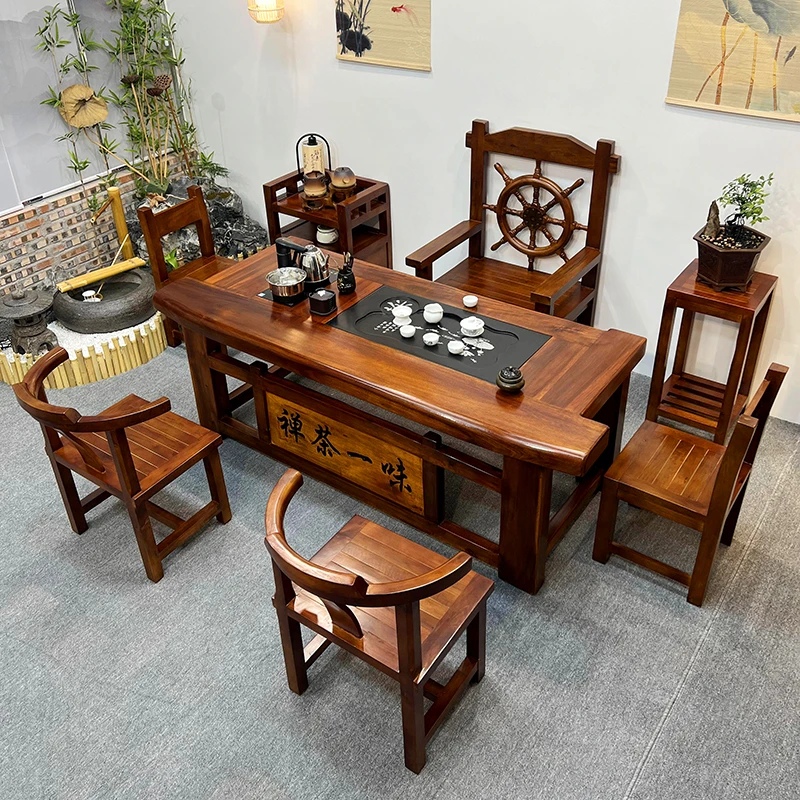 老船木茶桌套装家用客厅一体茶几会客功夫茶具办公茶台中式泡茶桌