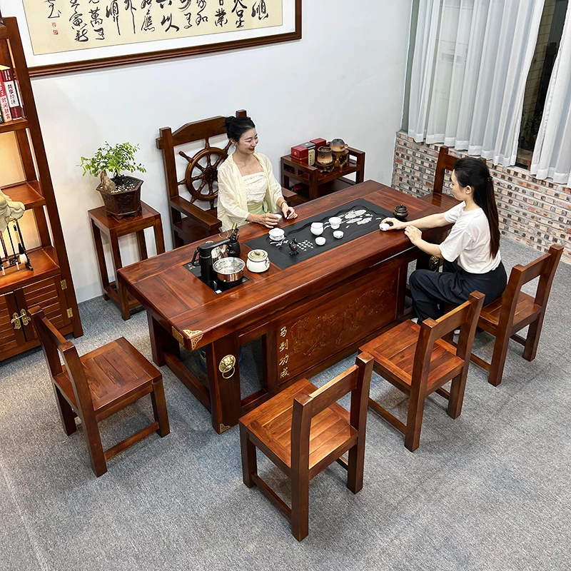 老船木茶台现代中式客厅轻奢实木一体办公室高端泡茶几桌椅组合