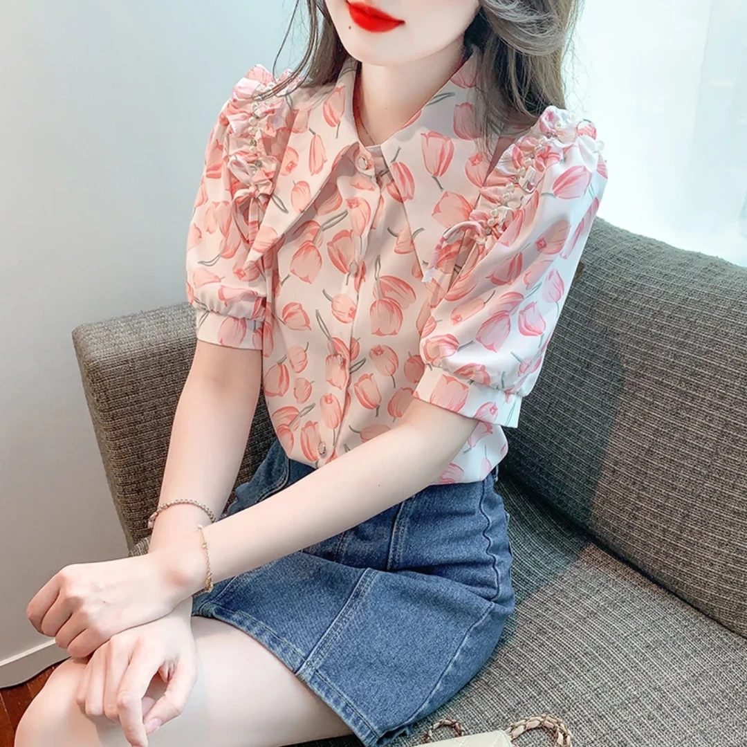 碎花衫女夏季新款2024法式复古时尚甜美短袖洋气泡00383