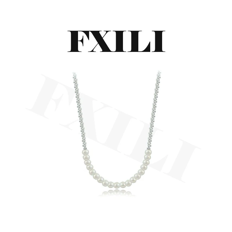 钛钢仿珍珠项链 秋冬款碎银几两仿珍珠拼接高级时尚百搭女款项链