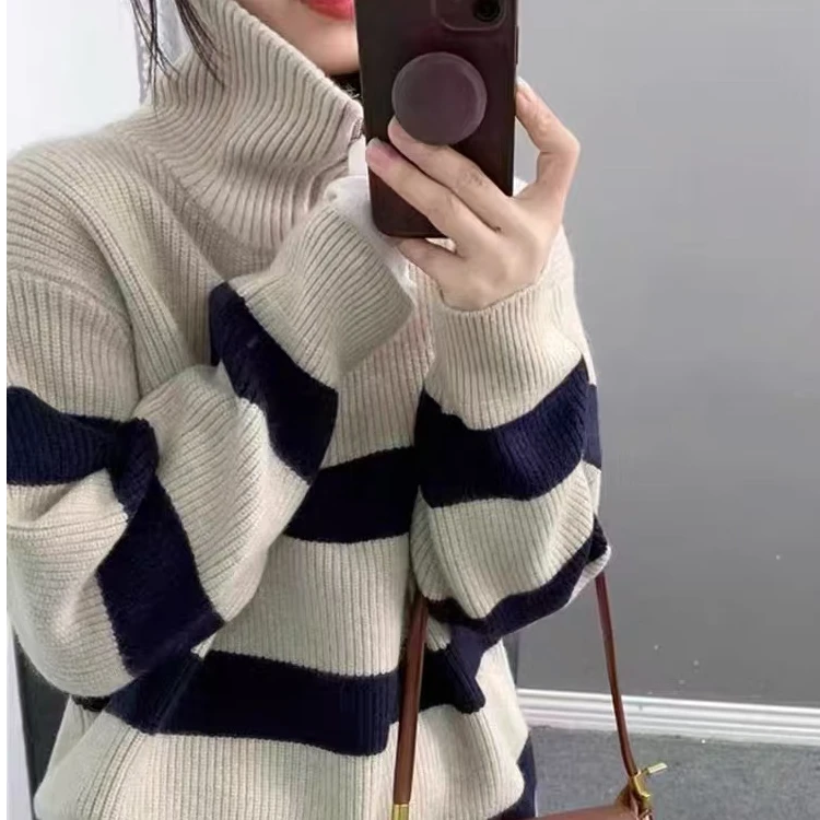 R3500爆款条纹半拉链毛衣女款新款秋冬高质感针织上衣