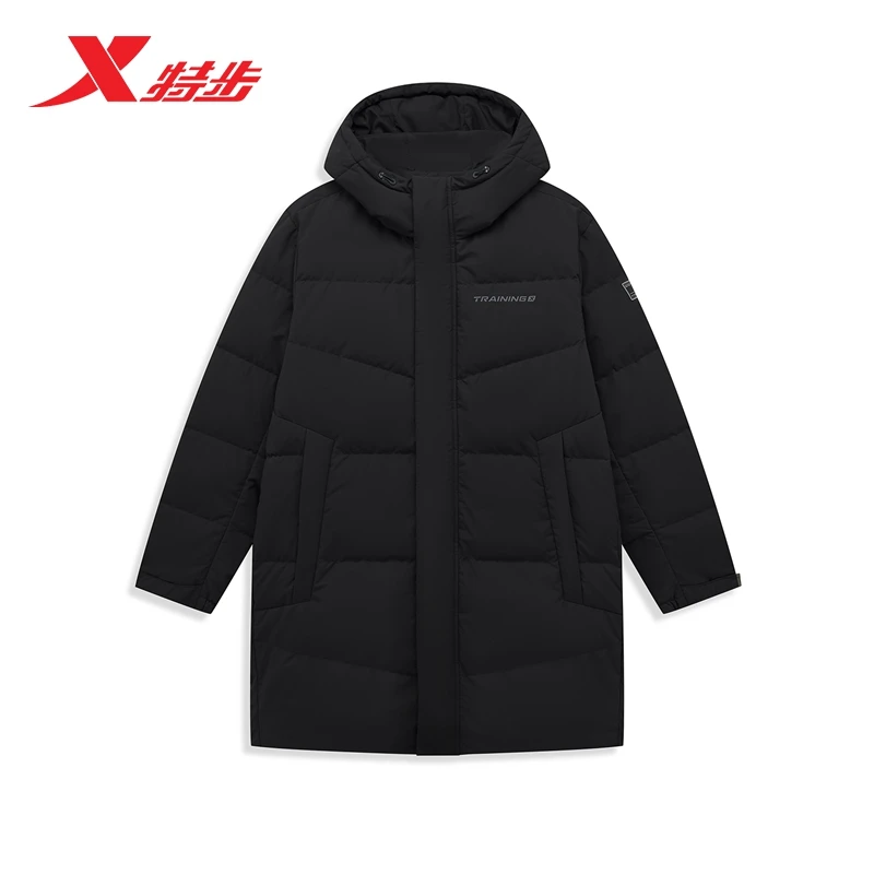 特步中长款连帽羽绒服冬季保暖休闲运动外套潮流加厚时尚经典
