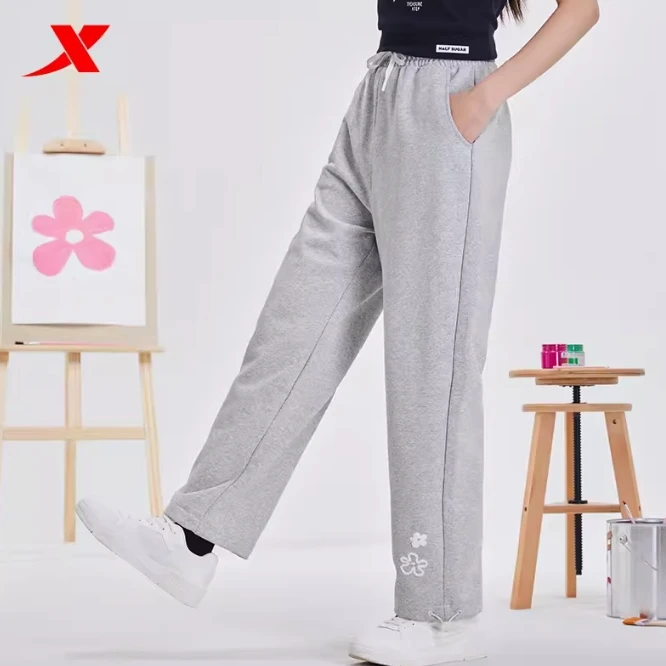 特步女直筒宽松针织长裤2023秋季新款半糖系列阔腿裤