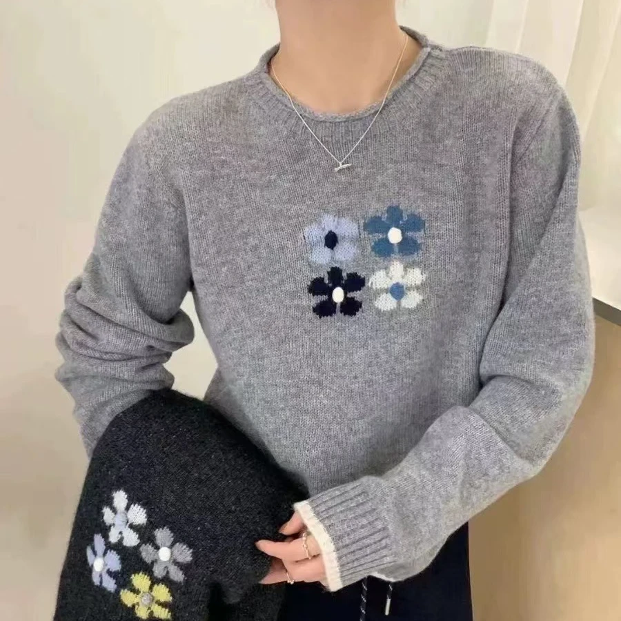 韩版花朵针织毛衣秋冬显瘦圆领长袖套头针织衫上衣打底女