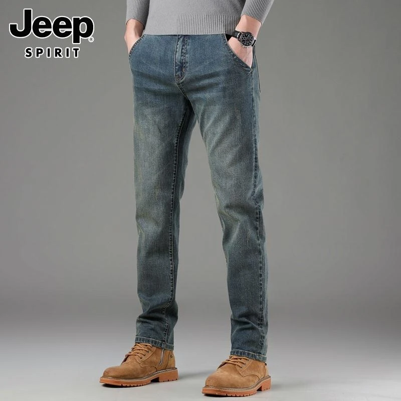 Jeep吉普美式复古牛仔裤男士秋冬季潮流百搭修身痞帅休闲长裤子男