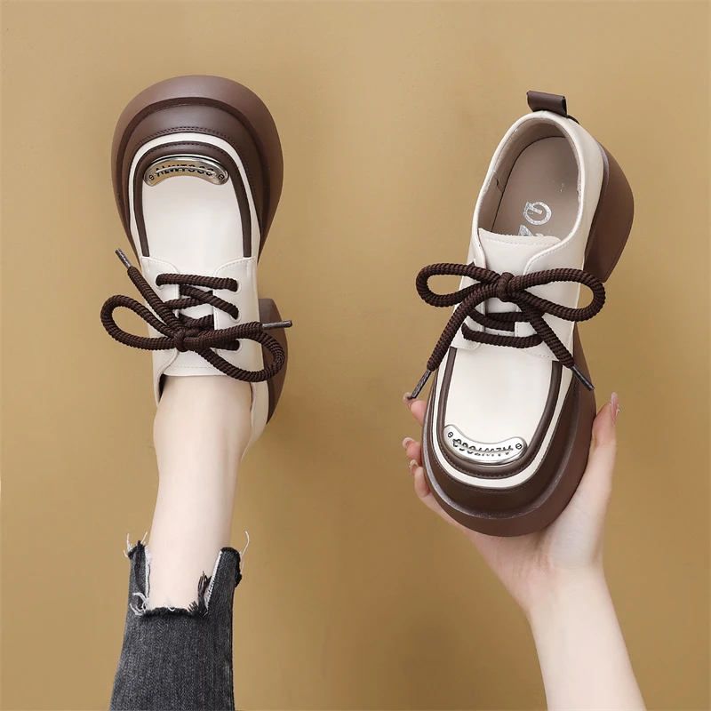 高级厚底系带女2024年春季新款英伦风增高时尚米白色乐福小皮单鞋
