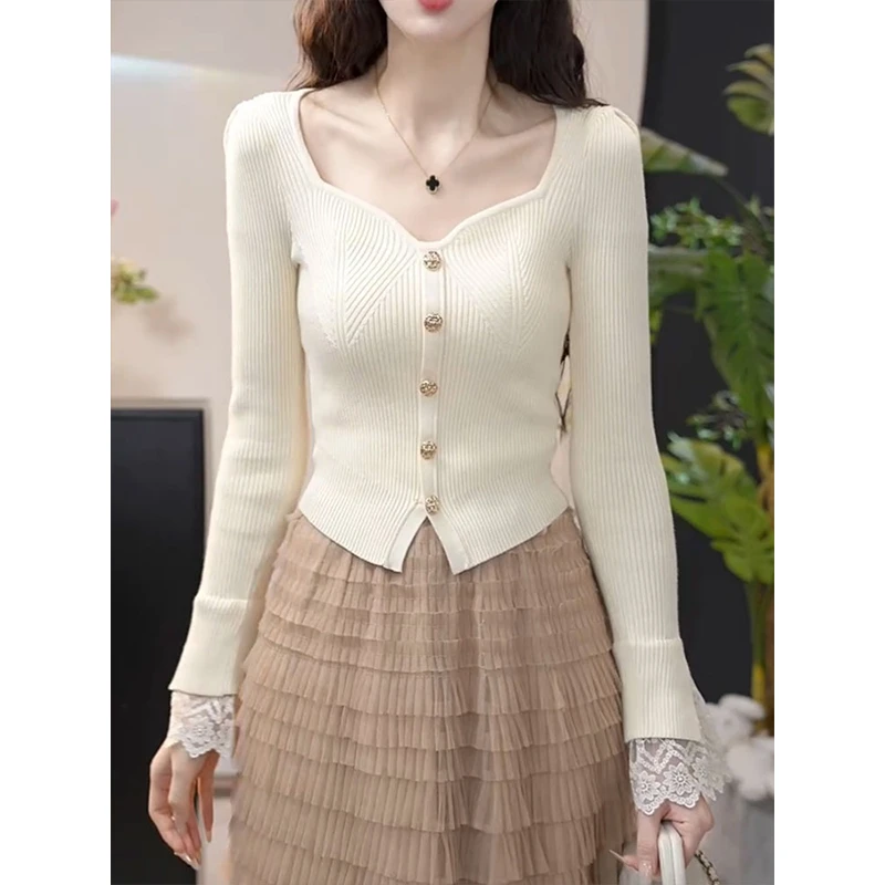 韩系v领拼接蕾丝针织衫女2024秋季新款修身气质收腰长袖上衣
