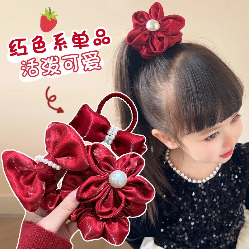 【儿童】发圈可爱甜美小公主红色蝴蝶结花朵珍珠头绳发绳发饰皮筋