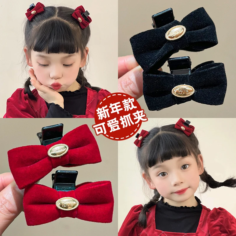 红色丝绒蝴蝶结抓夹女儿童过年发饰秋冬款发卡新年宝宝发夹子头饰