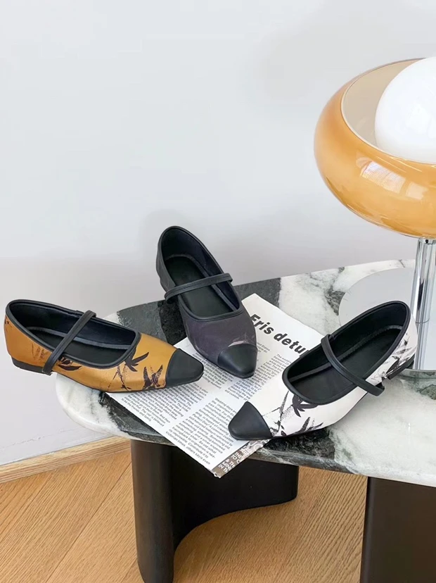 2024夏款 时尚复古泼墨旗袍鞋布一字带软底软面浅口单鞋A09-5