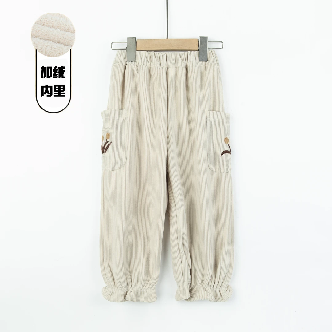 秋冬新款休闲洋气加绒长裤女童裤子纯色女宝宝宽松儿童复古运动裤