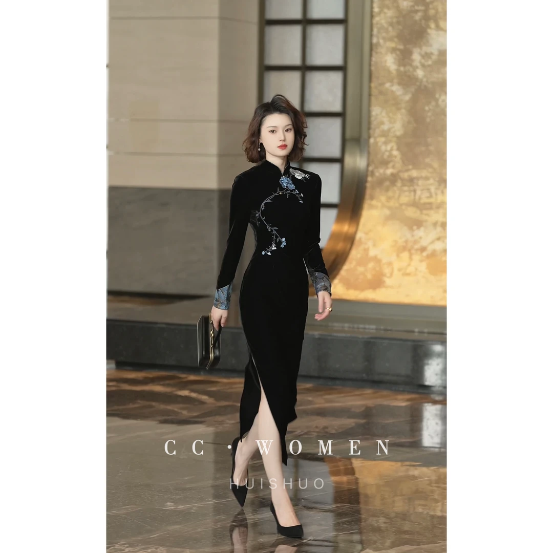 彩彩家【兰亭序】冬款显瘦气质收腰修身复古黑色遮肉设计改良旗袍