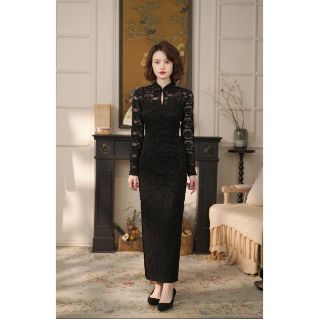 彩彩家【赫本花园】秋季修身黑色开叉复古日常显瘦气质优雅旗袍