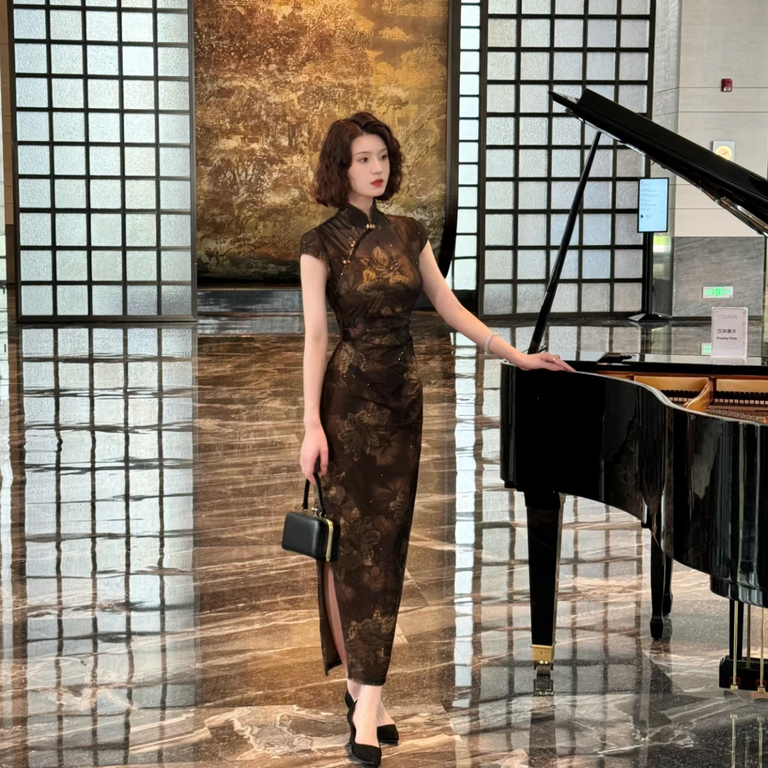 彩彩家【金色年华】夏季气质收腰修身复古中长款原创改良式旗袍