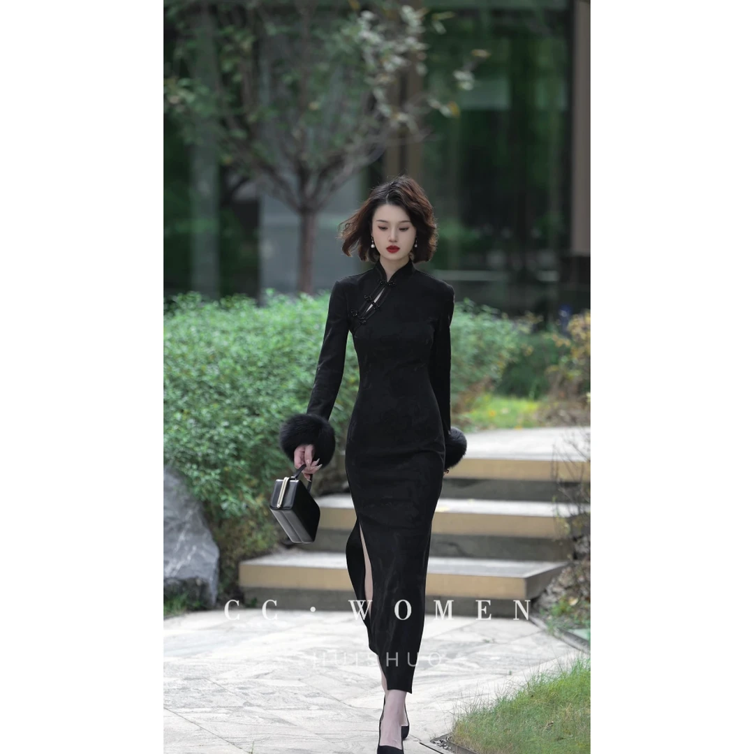 彩彩家【伯爵庄园】冬款上新中式黑色复古气质改良旗袍无袖毛版本
