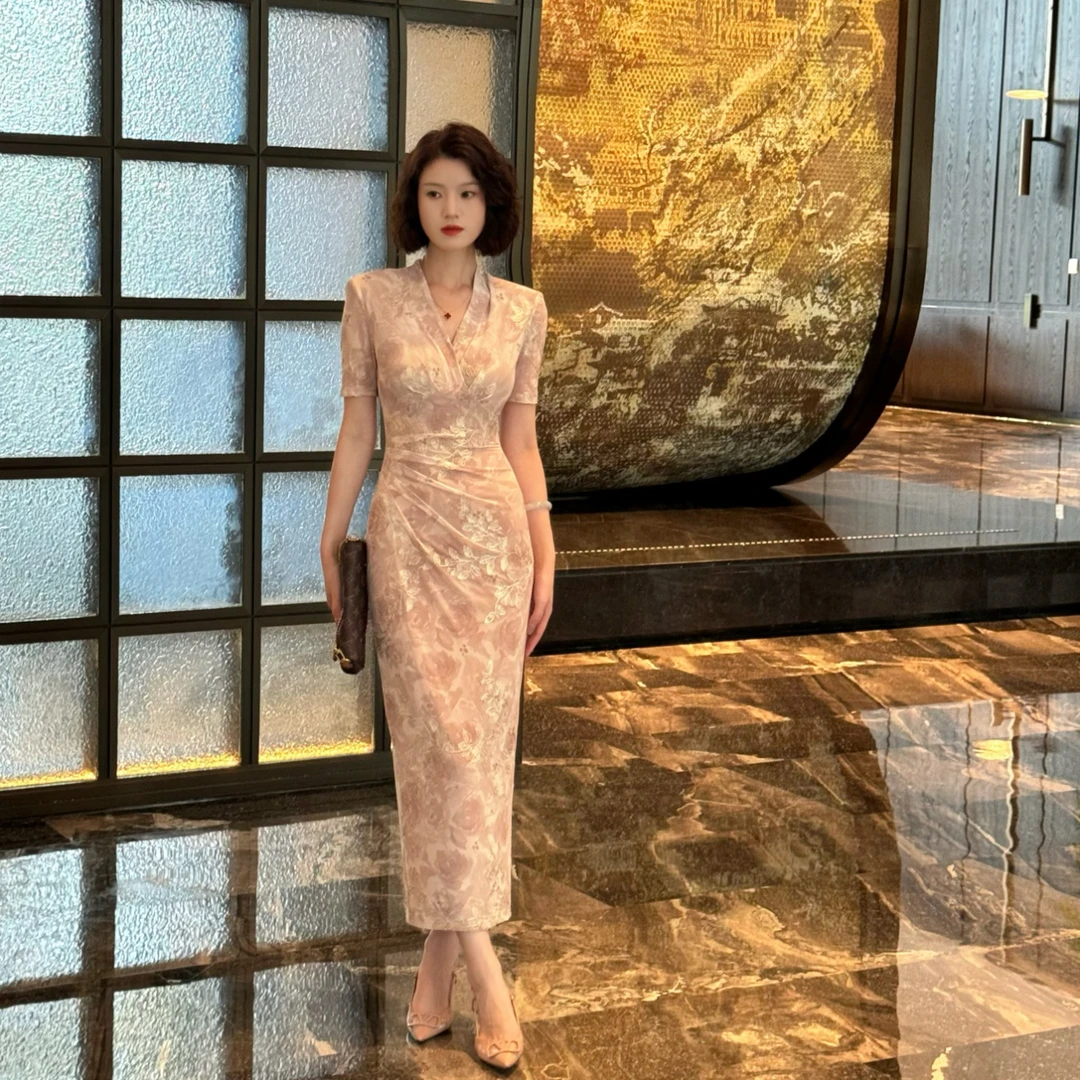 彩彩家【浅夏时光】夏季原创显白显瘦收腰修身后拉链优雅气质连衣裙