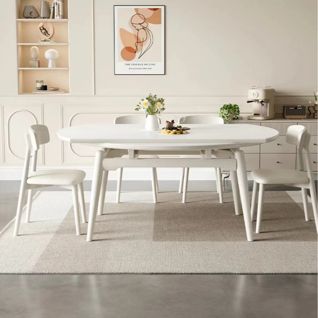 轻奢实木纯白奶油风岩板餐桌简约吃饭桌家用白色北欧餐厅极简意式