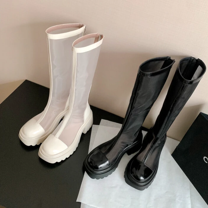 7cm胖m网纱高筒网靴女夏羊皮镂空网面凉靴大筒围凉靴子5881-18