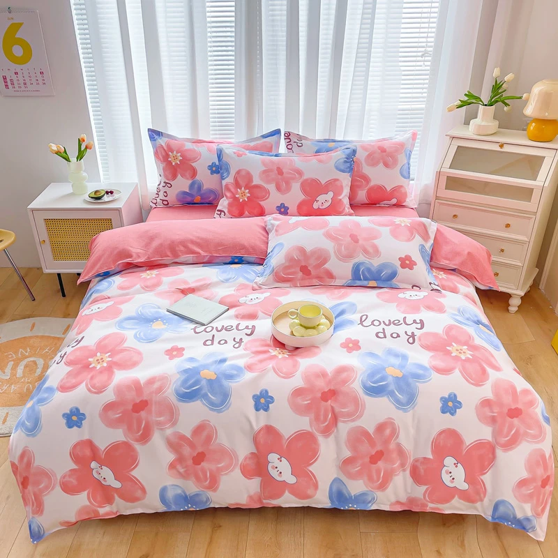 四季通用斜纹棉四件套加厚亲肤小清新床上用品印花被套宿舍三件套