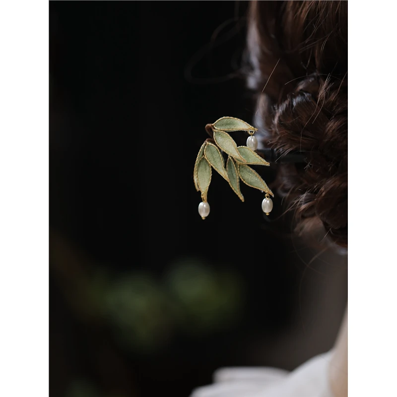 古风少女旗袍配饰低丸子头发饰簪子 简约日常清冷感竹叶发簪头饰