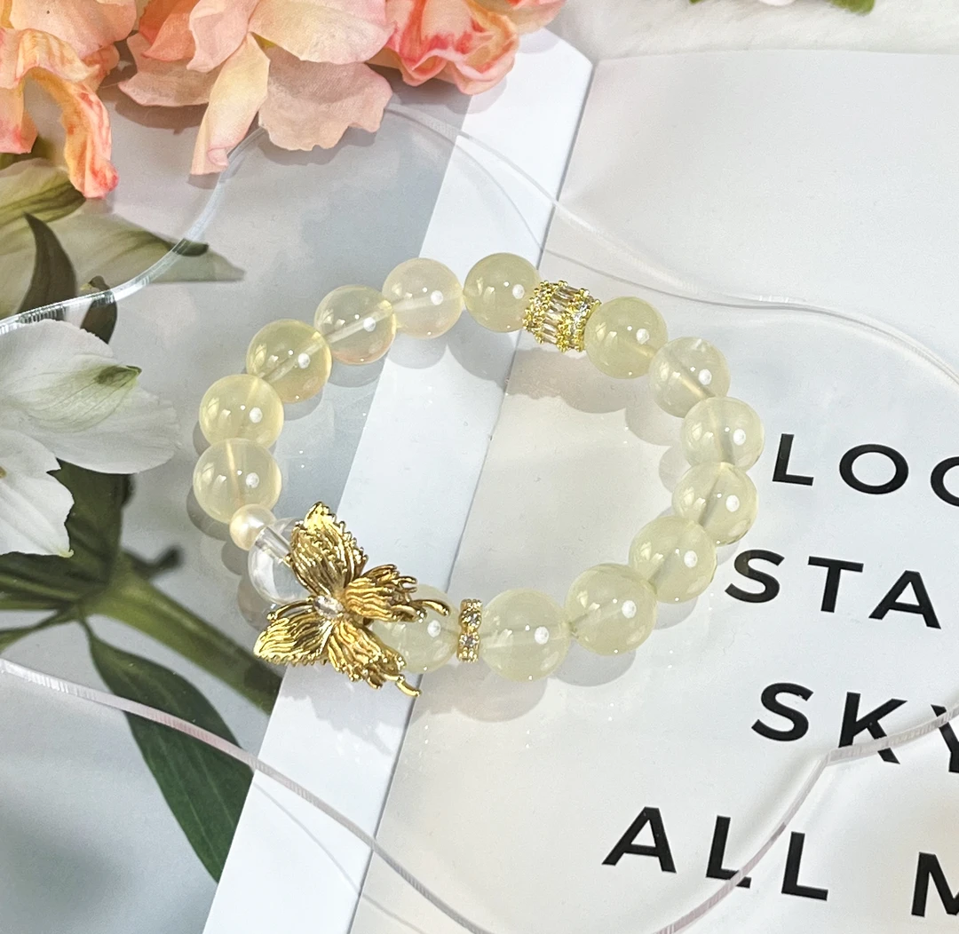 天然柠檬水晶单圈手串时尚通透百搭层次显白女款精致黄色ins手工