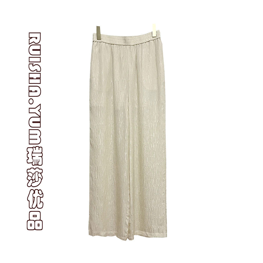 Ruisha.YUM19姆米竖条纹冠乐绉桑蚕丝直筒休闲裤 YC903