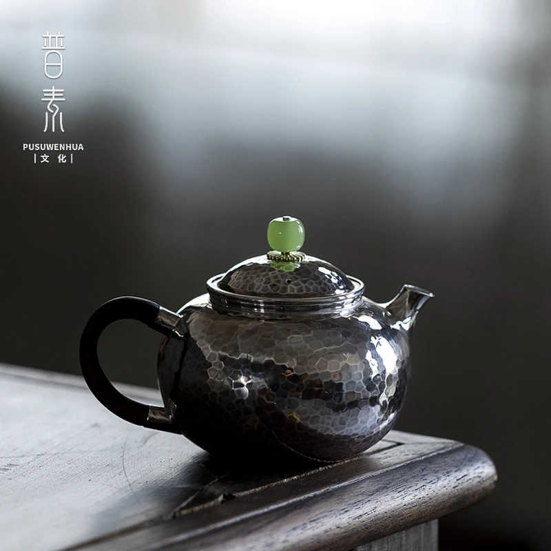 普素 容天足银999手工一张打银壶泡茶壶锤纹文旦壶日式家用茶壶