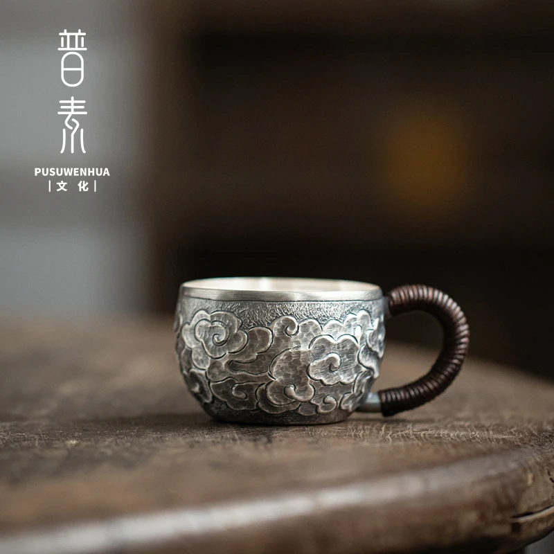 足银999纯手工银杯主人杯高档复古中式锤纹高档银杯子 大号大容量