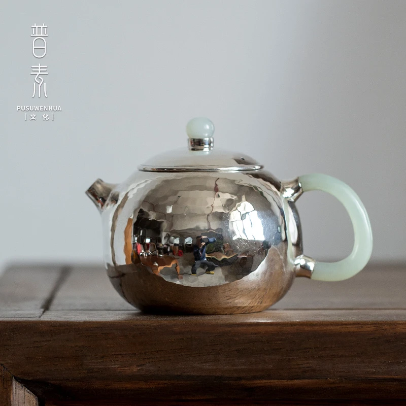 普素 纯银999泡茶银壶 纯手工一张打镜面西施壶 家用复古中式银壶