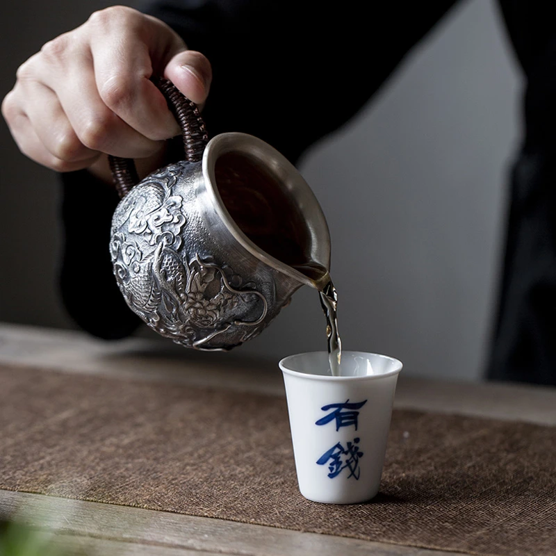 普素 999纯银壶功夫茶具套装双龙戏珠纯手工一张打泡茶壶公道杯