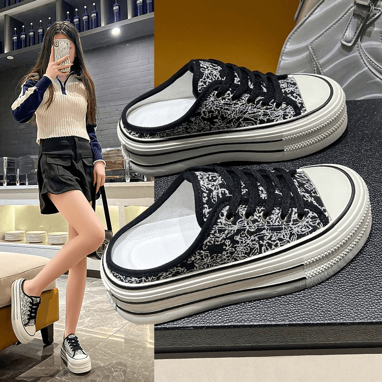 新中式帆布鞋国潮风系带厚底板鞋2024新款休闲女鞋外穿一脚蹬半拖