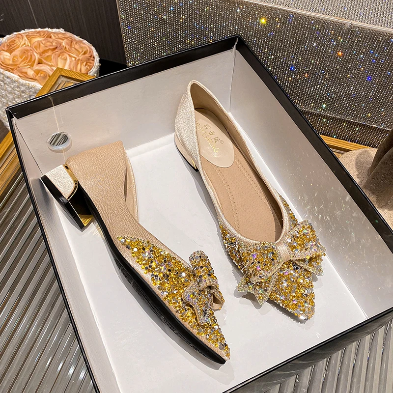 【高跟轻奢】3cm蝴蝶结粗跟水钻尖头单鞋女2024春秋百搭温柔仙女