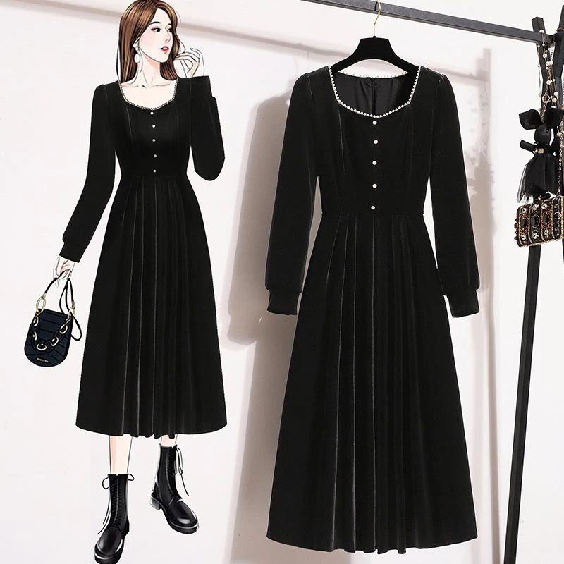 大码女款2025春秋新款胖mm遮肚显瘦收腰气质黑色金丝绒方领连衣裙