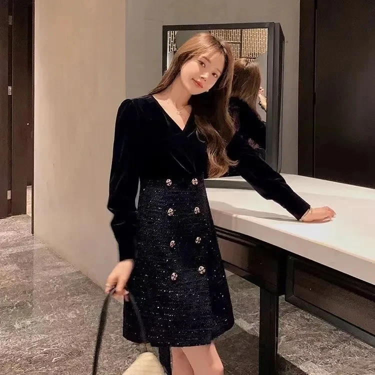 2024大码女装微胖mm丝绒v字领a字半身裙秋季新款小香风连衣裙