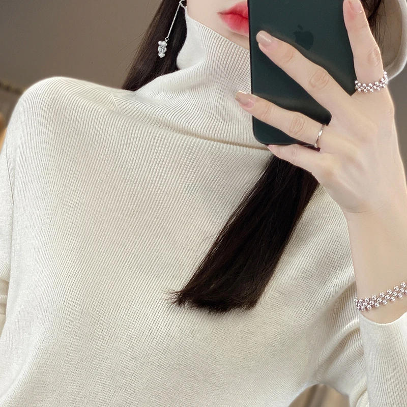 一线成衣 女士秋冬抽条堆堆领长袖打底修身针织衫