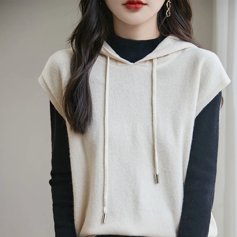 秋冬时尚羊毛衫女宽松显瘦鄂尔多斯产连帽帽衫叠穿马甲马夹